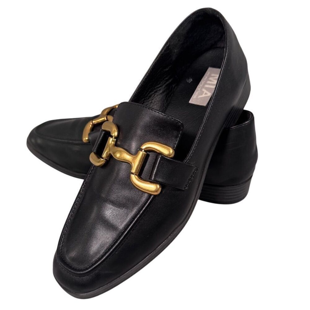 MIA Drena Women's Black Vegan Loafers Brass Tone Horsebit Size 10M Casual